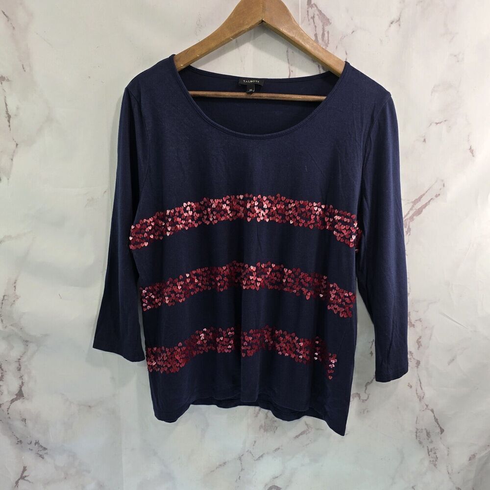 Talbots T Shirt Womens XL Navy Red Sequin Heart Tee Scoop Striped Jersey